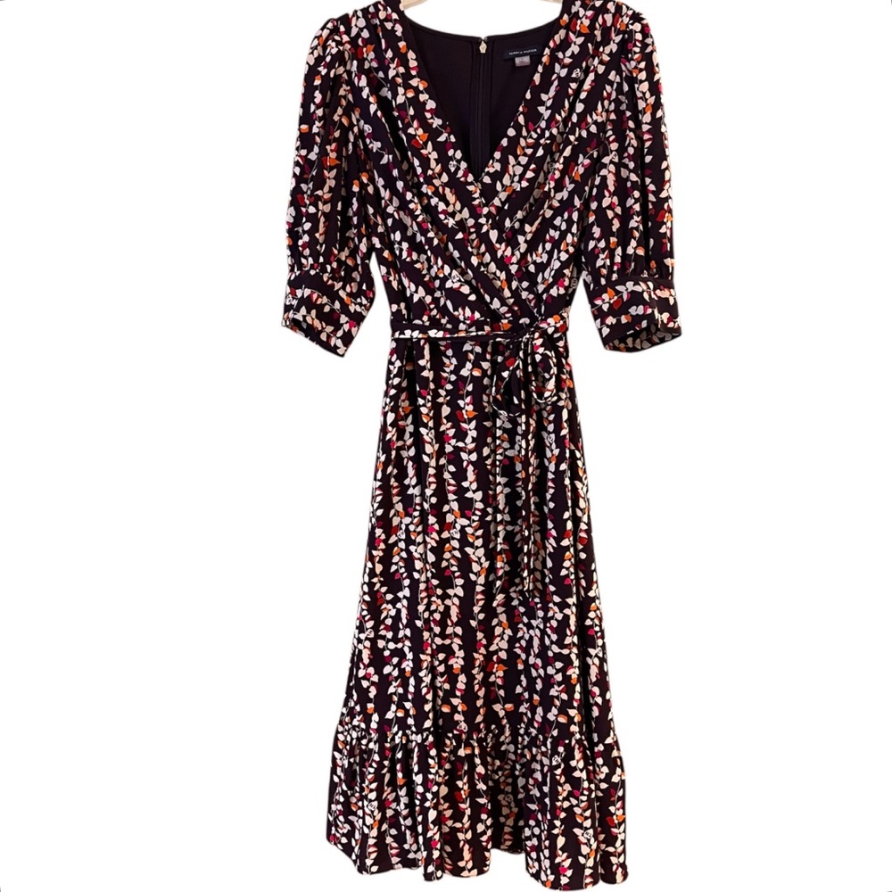 Tommy Hilfiger Purple multi colored Midi Dress w/ tie at waist and Puff Sleeve